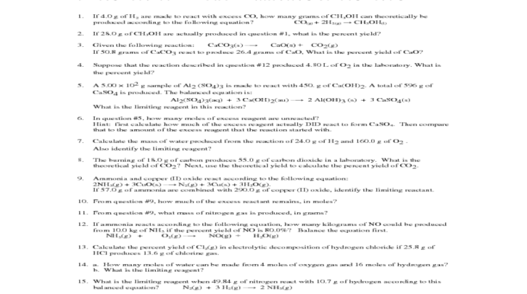 Stoichiometry and percent yield worksheet