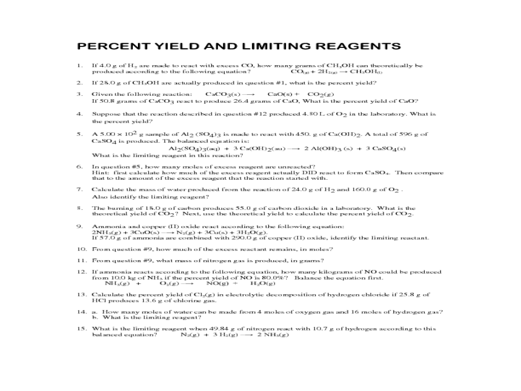 Stoichiometry and percent yield worksheet