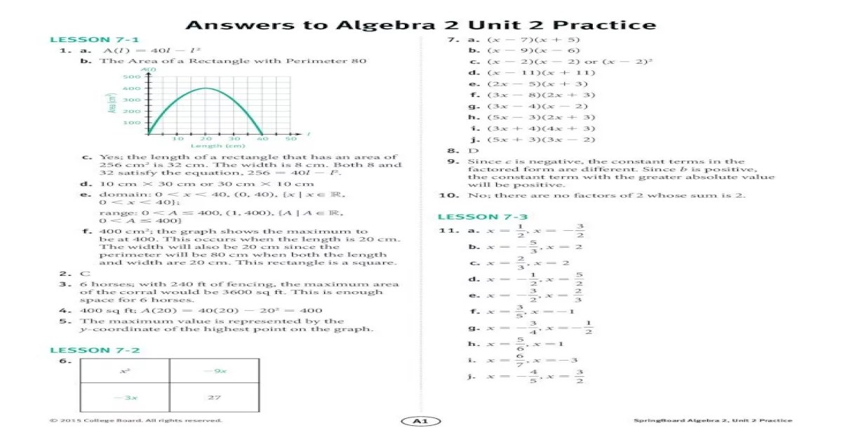 Springboard algebra 2 answer key