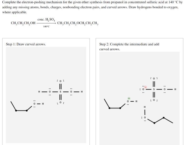 Complete the electron pushing mechanism for the given ether